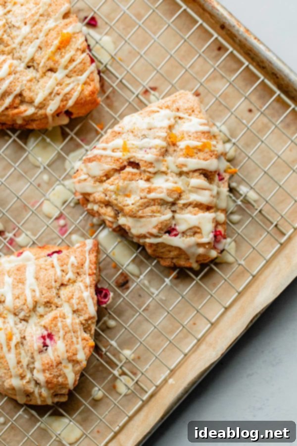 Homemade Cranberry Orange Scones – perfect for fall and holidays. Features tart cranberries, fresh orange zest, cinnamon, and a delightful orange glaze. Ideal for breakfast, dessert, or a festive treat. #scones #cranberry #orange #recipe Cranberry Orange Scones with orange glaze on a cooling rack, glistening under soft light.