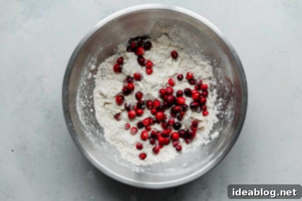 Sunrise Cranberry Orange Scones 5 Mixing dry ingredients and grated butter in a bowl before adding wet ingredients for cranberry scones.