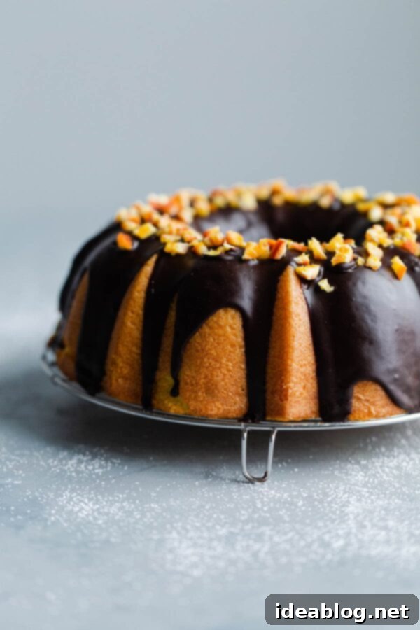 Orange Bundt Cake with Chocolate Glaze - Tender, moist orange cake with a rich dark chocolate topping, perfect for holidays. Orange Bundt Cake with Chocolate Glaze topped with Candied Orange Pieces - A beautifully glazed bundt cake garnished with candied orange slices.