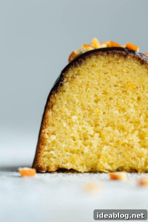 Orange Bundt Cake with Chocolate Glaze - This orange cake features a tender, moist crumb, ideal for any gathering. Orange Bundt Cake Crumb - Close-up of a slice of orange bundt cake showing its moist and tender texture.
