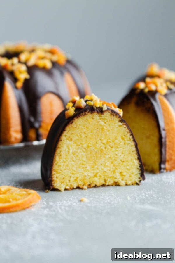 Orange Bundt Cake with Chocolate Glaze - Enjoy perfect slices of this citrus-infused cake. Slices of Orange Bundt Cake with Chocolate Glaze - Perfectly cut slices of orange bundt cake with glistening chocolate glaze.