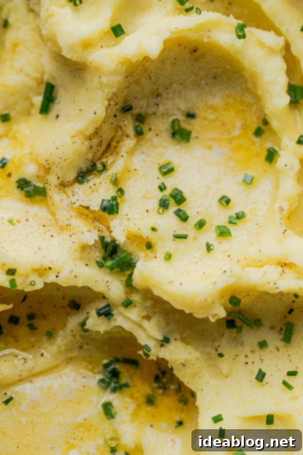 Indulge in the simplicity and richness of Classic Yukon Gold Mashed Potatoes, lovingly prepared with heavy cream, unsalted butter, and perfectly seasoned with salt and pepper. A final touch of fresh chives adds a vibrant burst of color and flavor. These effortlessly delicious mashed potatoes are your perfect companion for Thanksgiving, any holiday celebration, or simply as a versatile side that complements nearly every dish on your table. #thanksgiving #holiday #potatoes #abeautifulplate #Yukongold #recipe #sidedish #easyrecipes #fluffy Fluffy Yukon Gold Mashed Potatoes Garnished with Fresh Chives
