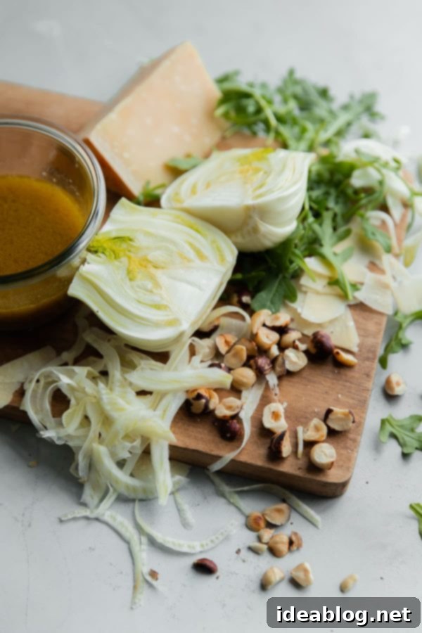 Shaved Fennel Arugula Salad with Hazelnuts, Parmesan, and Sherry Vinaigrette. A simple salad to enjoy year round. Great for everyday meals or special occasions! #abeautifulplate #salad #arugula #hazelnuts #parmesan #recipe  Shaved Fennel Arugula Salad Ingredients