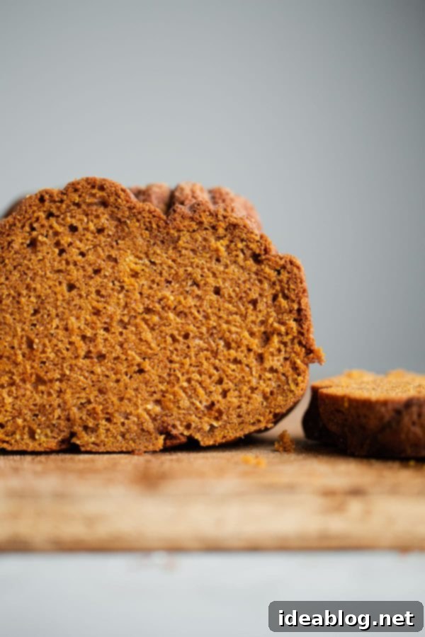 This EASY Moist Pumpkin Bread will quickly become your new favorite pumpkin bread recipe! This pumpkin bread comes together with just two mixing bowls and everyday ingredients. #abeautifulplate #pumpkin #dessert #quickbread #recipe #fall #holiday #halloween #thanksgiving Perfectly sliced moist pumpkin bread revealing its tender crumb