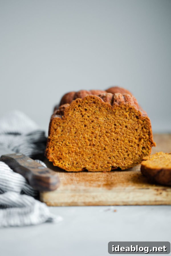 This EASY Moist Pumpkin Bread will quickly become your new favorite pumpkin bread recipe! This pumpkin bread comes together with just two mixing bowls and everyday ingredients. #abeautifulplate #pumpkin #dessert #quickbread #recipe #fall #holiday #halloween #thanksgiving A close-up of a warm, sliced pumpkin bread with steam rising