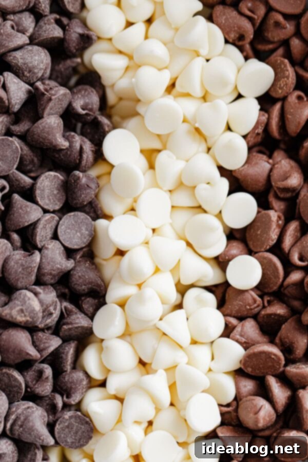 Decadent Triple Chip Chocolate Cookies 2 Close up view of various types of chocolate chips – white, milk, and semisweet – piled together