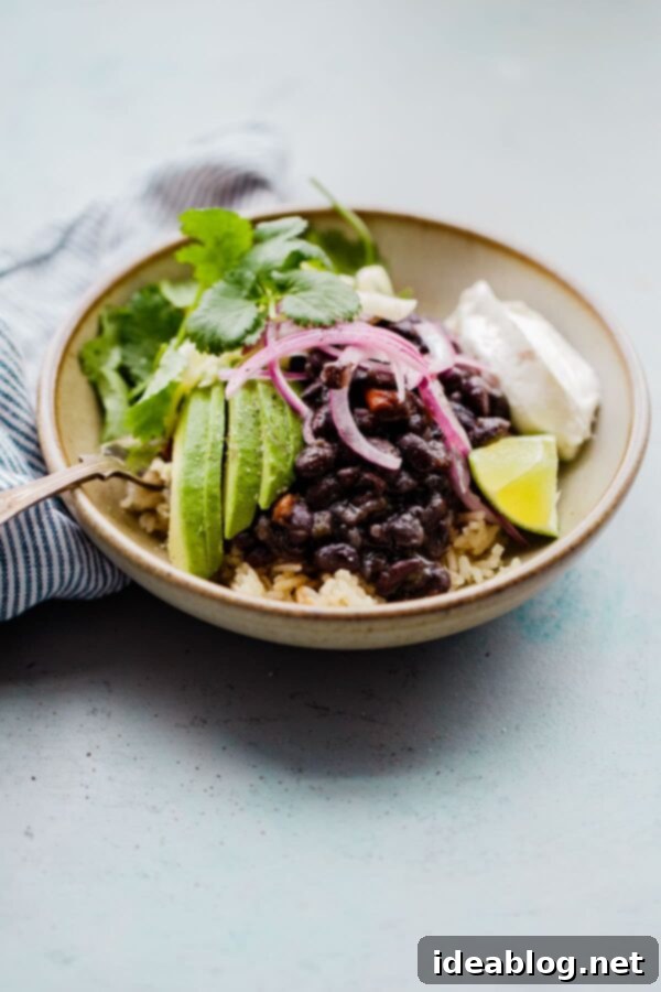 Simple Instant Pot Black Beans - pressure cooker black beans prepared with dried black beans, onion, bell pepper, and spices. These hearty, flavorful, and budget friendly black beans will quickly become a meal planning staple.  #abeautifulplate #vegetarian #blackbeans #budgetfriendlymeals #legumes #glutenfree #dairyfree #vegan A serving of freshly cooked pressure cooker black beans in a bowl, showcasing their rich color and creamy texture.