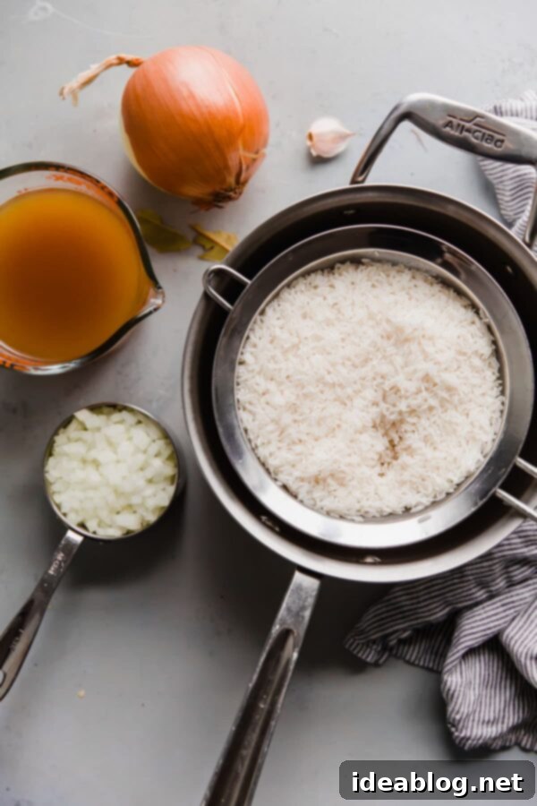 How to Make Perfectly Cook Basmati Rice Pilaf - moist and flavorful basmati rice prepared on the stovetop. #rice #basmati #howto #recipe #abeautifulplate Basmati Rice Pilaf Ingredients Arranged