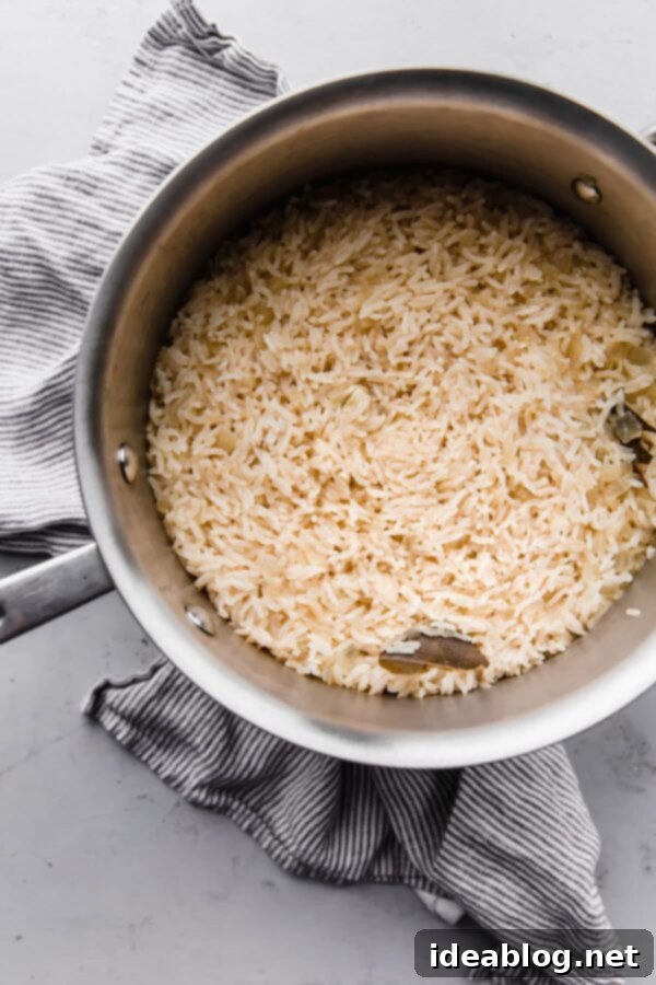 How to Make Perfectly Cook Basmati Rice Pilaf - moist and flavorful basmati rice prepared on the stovetop. #rice #basmati #howto #recipe #abeautifulplate Cooked Basmati Rice Pilaf Ready to Serve