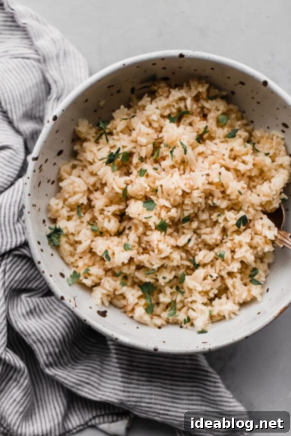 How to Make Perfectly Cook Basmati Rice Pilaf - moist and flavorful basmati rice prepared on the stovetop. #rice #basmati #howto #recipe #abeautifulplate Basmati Rice Pilaf Served in Speckled Bowl