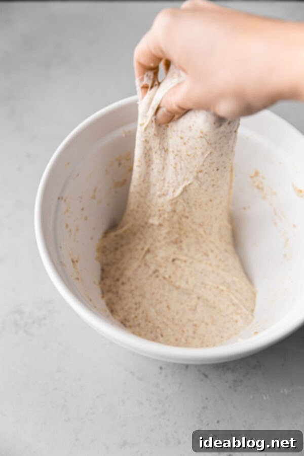 Artisan Sourdough Bread Recipe - my favorite sourdough bread recipe. This naturally leavened bread is made with high protein bread flour and stone ground whole wheat flour. High in hydration, this recipe yields an airy, tender, and open crumb bread. #sourdoughbread #recipe #breadrecipe #artisanbread #abeautifulplate Stretch and Fold Sourdough Dough