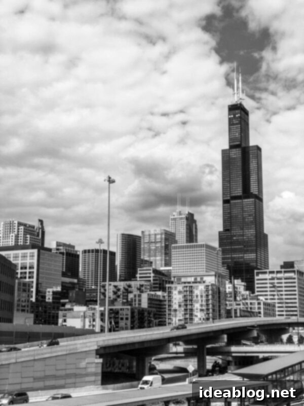 New Adventures Await 3 Black and White Chicago Skyline View at Sunset
