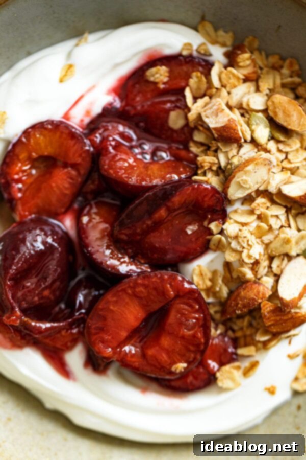 Slow-Roasted Plum Compote 8 Roasted Plum Compote served over Greek yogurt with a sprinkle of granola