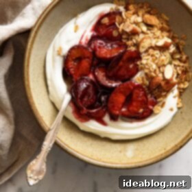 Slow-Roasted Plum Compote 9 Roasted Plum Compote with Yogurt in Ceramic Bowl