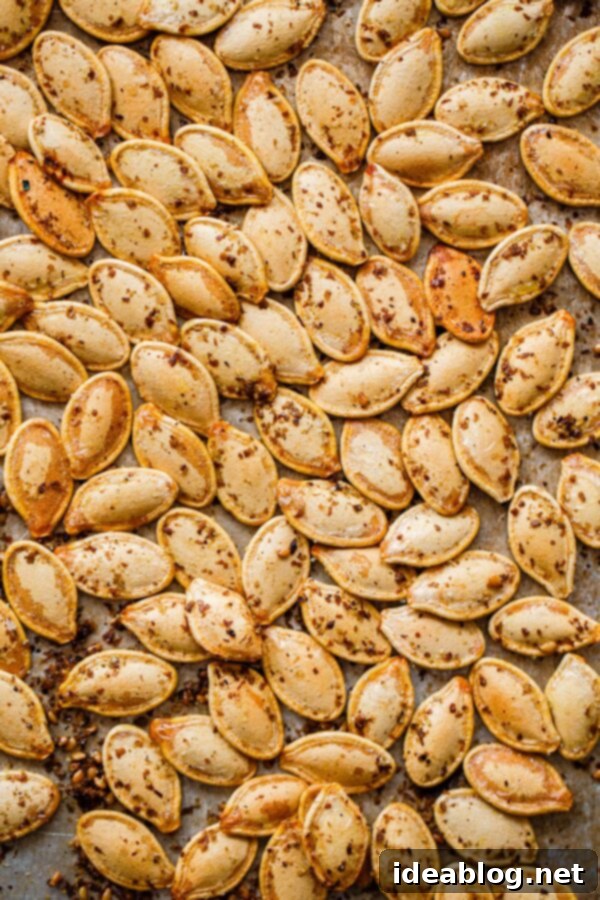 Za'atar Roasted Pumpkin Seeds - if you enjoy crunchy snacks, you'll love these easy Za'atar Roasted Pumpkin Seeds! A delicious savory twist on a classic fall staple. #abeautifulplate #pumpkinseeds #snack #fall Za'atar Roasted Pumpkin Seeds spread out on a sheet pan, cooling down.