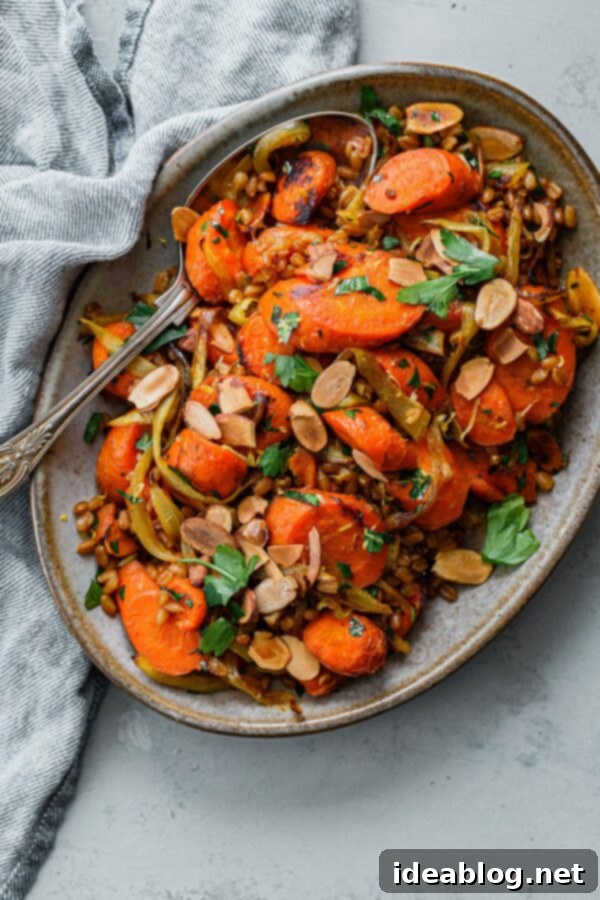 Roasted Golden Carrots with Savory Farro 11 Platter of Golden Carrots and Farro Salad, garnished with fresh herbs and almonds, ready to serve.