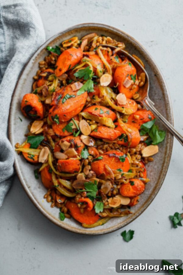 Roasted Golden Carrots with Savory Farro 3 Golden Carrots and Farro Salad - Roasted Carrots, Herbs, and Sliced Almonds in Stainless Steel Bowl