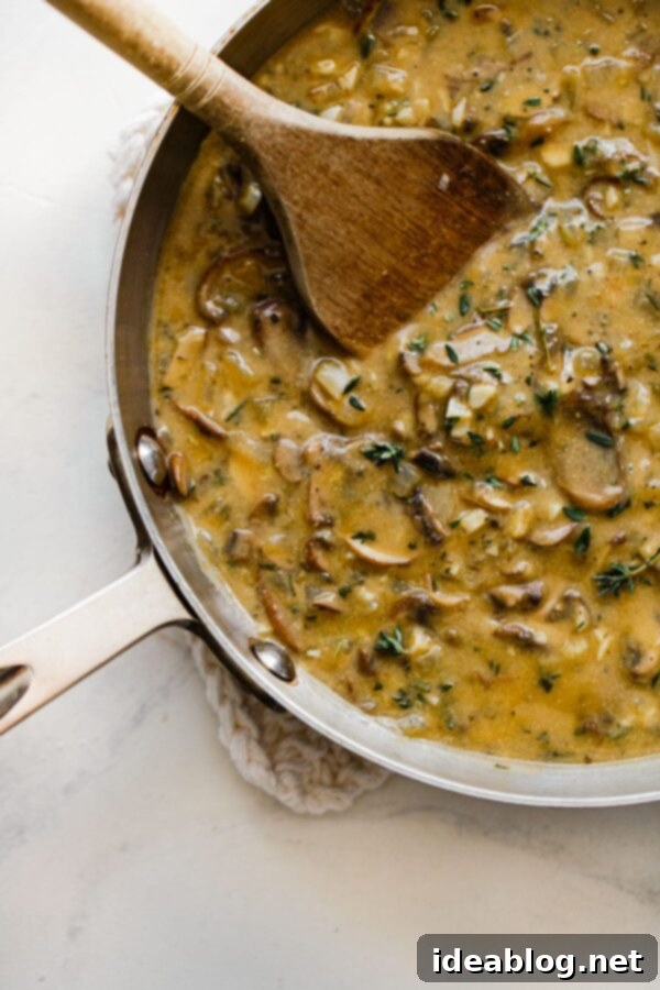 Easy Vegan Mushroom Gravy - a flavorful vegan mushroom gravy that comes together in less than 30 minutes and pairs perfectly with holiday or everyday meals! #vegan #glutenfree #gravyrecipe #holidayrecipes A bowl of rich and creamy vegetarian mushroom gravy, garnished with fresh herbs, ready to be served