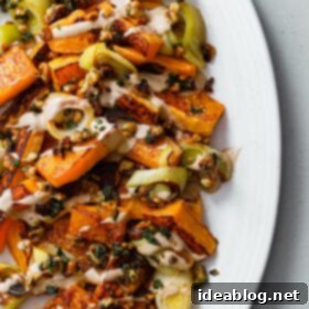 Zaatar Walnut Roasted Butternut Squash and Leeks with Orange Tahini 8 Roasted Butternut Squash and Leeks with Orange Tahini Sauce, Walnuts, and Za'atar