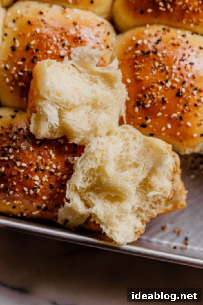 Ultimate Everything Dinner Rolls 19 The soft, fluffy texture of a dinner roll, pulled apart to show the interior.