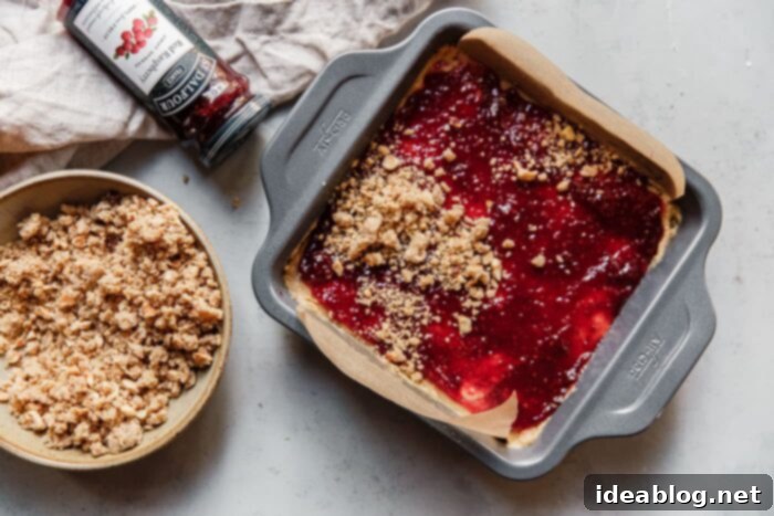 Rustic Raspberry Hazelnut Crumb Bake 15 The fully assembled cake in the pan, ready for baking, with layers of batter, fruit spread, and hazelnut crumbs visible.