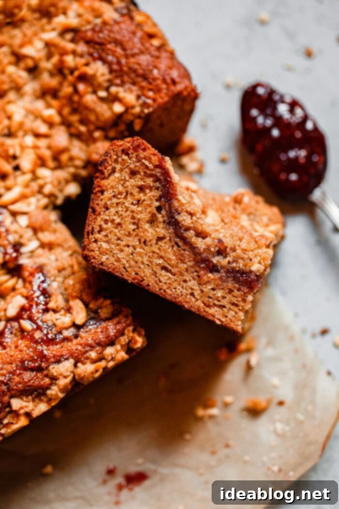 Rustic Raspberry Hazelnut Crumb Bake 3 A close-up of a slice of Hazelnut Raspberry Crumb Cake, showing the distinct layers of cake, raspberry spread, and hazelnut crumbs.