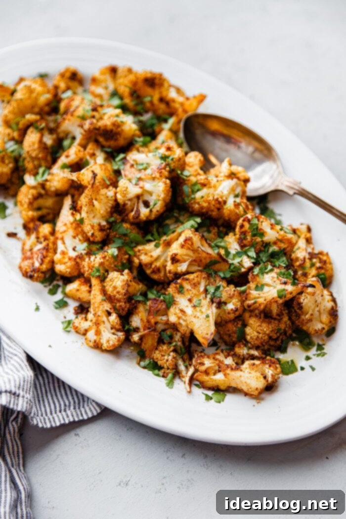 Roasted Cauliflower with Warm Spices 9 A vibrant platter of spiced roasted cauliflower, garnished with fresh cilantro and a lime wedge