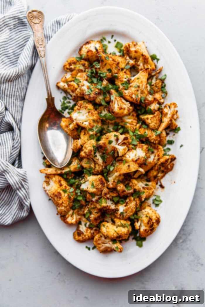 Roasted Cauliflower with Warm Spices 10 A close-up shot of individual spiced roasted cauliflower florets, showcasing their crispy edges and beautiful caramelization