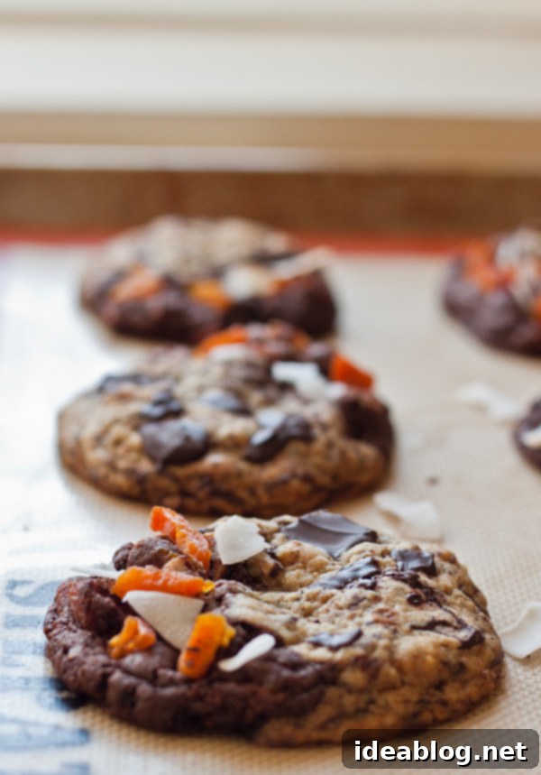 Tropical Bliss Chocolate Chunk Cookies 4 Baked Tropical Chocolate Chunk Cookies on a Cooling Rack