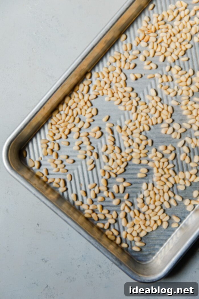 How to Perfectly Toast Pine Nuts 4 Close-up of Pine Nuts Evenly Spread on a Sheet Pan for Oven Toasting