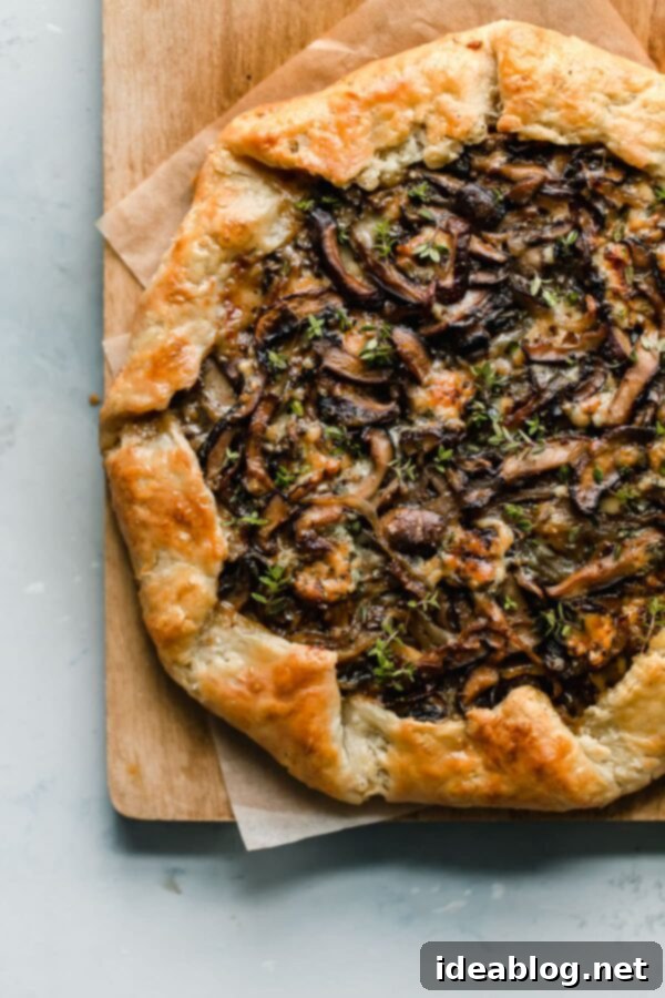 Mushroom Galette - rustic and flavorful, this cremini and shiitake mushroom galette is filled with sharp blue cheese and wrapped in a flaky sour cream pastry dough. This rustic mushroom tart is great for entertaining! #galette #mushroom #tart #cremini #shiitake #recipe #abeautifulplate Baked Mushroom Galette, golden and inviting on a cooling rack