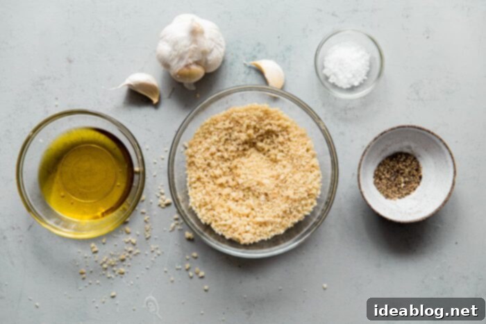 Irresistible Garlic Crunch 4 Crispy Garlic Bread Crumbs Ingredients laid out