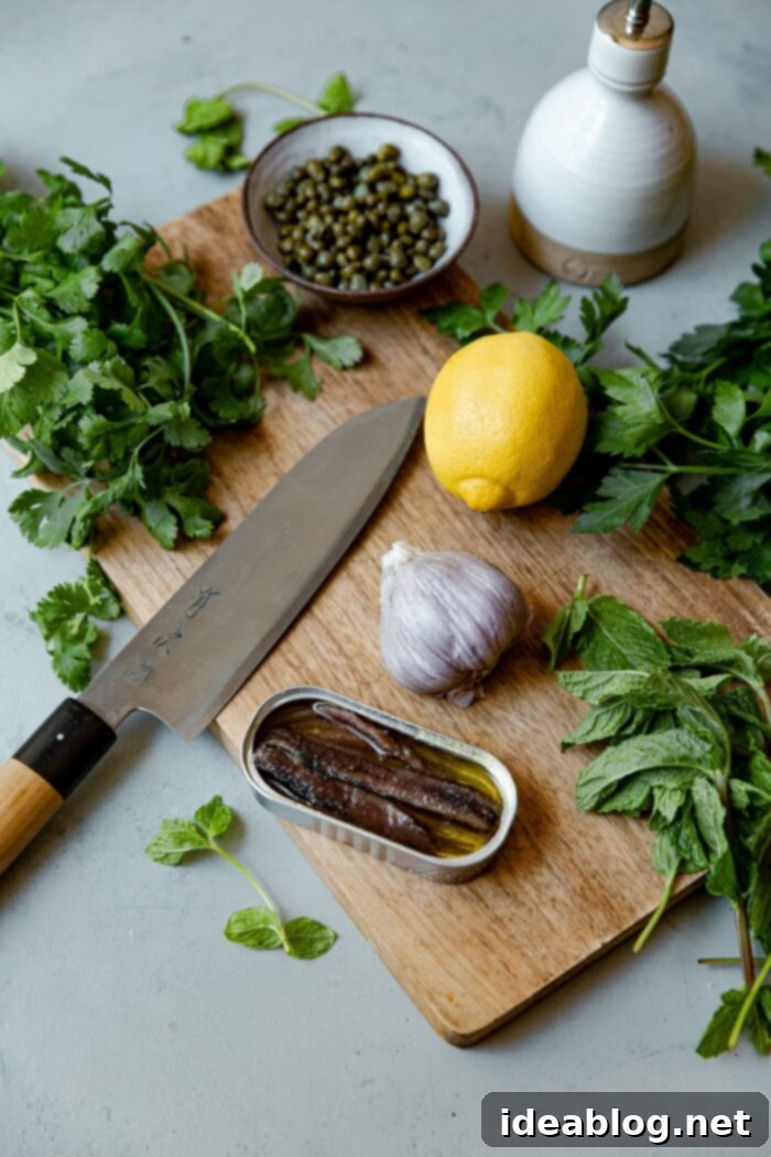 Vibrant Green Salsa Verde 3 Fresh Ingredients for Herb Salsa Verde including parsley, cilantro, mint, capers, lemon, garlic, and olive oil