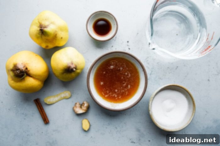 Silken Poached Quince 5 Ingredients for poaching quince, including quince, honey, sugar, and spices