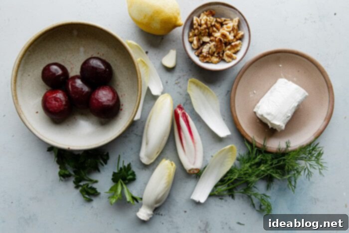Zesty Beet and Goat Cheese Endive Boats 4 Endive Bites Ingredients laid out