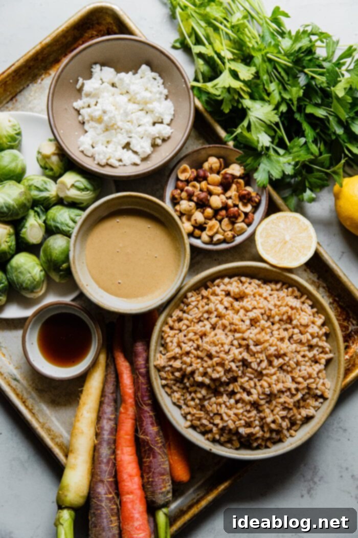Autumn Harvest Farro Bowl 4 All the fresh and prepared ingredients for Fall Farro Salad laid out on a kitchen counter