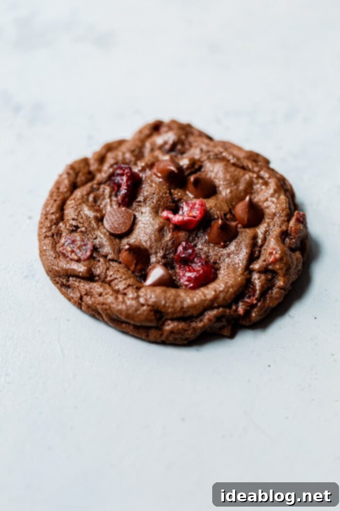 Gooey Chocolate Cranberry Delights 10 A Single Chewy Chocolate Cranberry Cookie with Visible Fruit and Chips