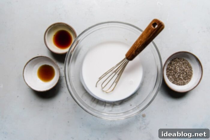 Effortless Overnight Chia Pudding 4 Step-by-step image showing how to combine ingredients for chia pudding.
