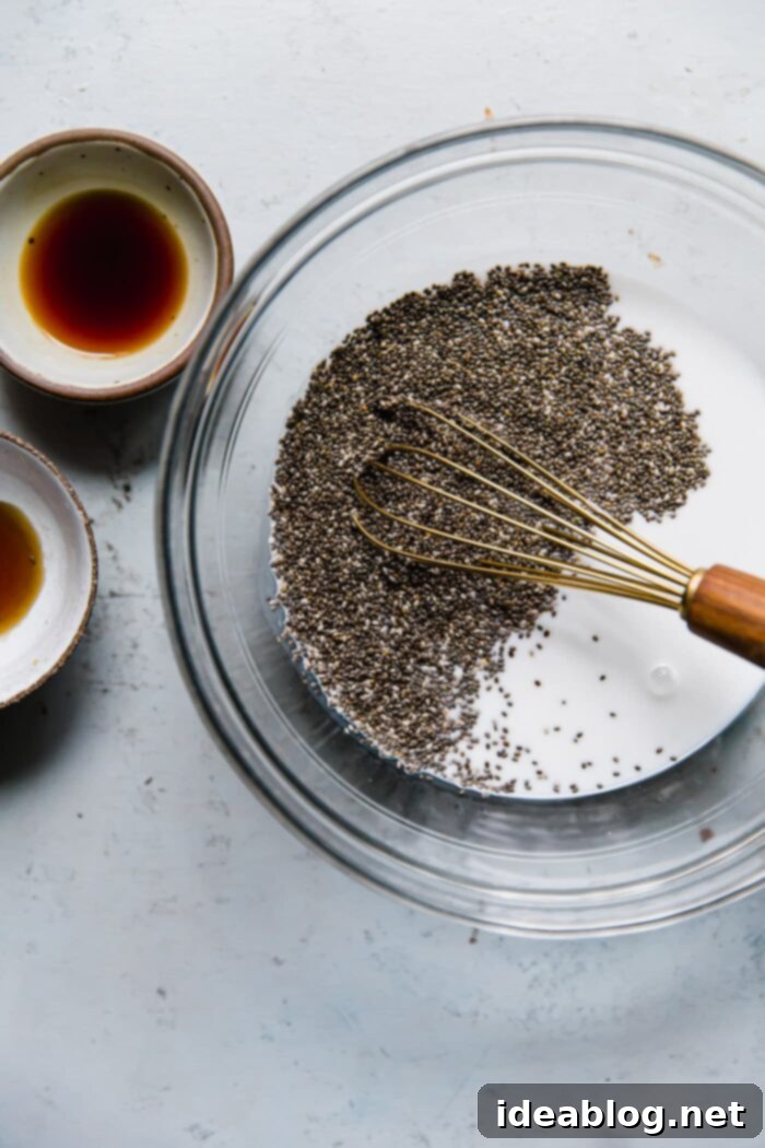 Effortless Overnight Chia Pudding 6 Ingredients for chia pudding laid out.