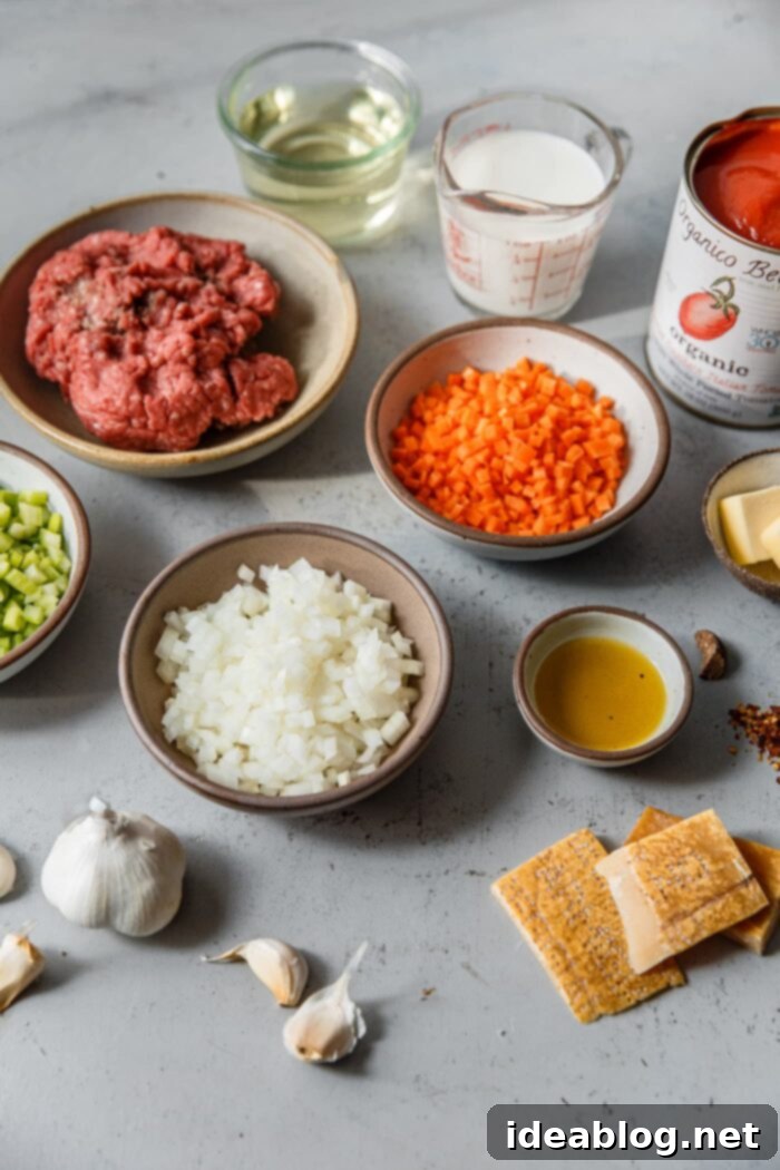 Marcella Hazan's Signature Bolognese 4 Close-up of fresh ingredients for Marcella Hazan Bolognese.