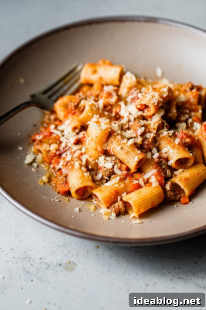 Marcella Hazan's Signature Bolognese 9 Marcella Hazan Bolognese with rigatoni pasta, ready to eat.