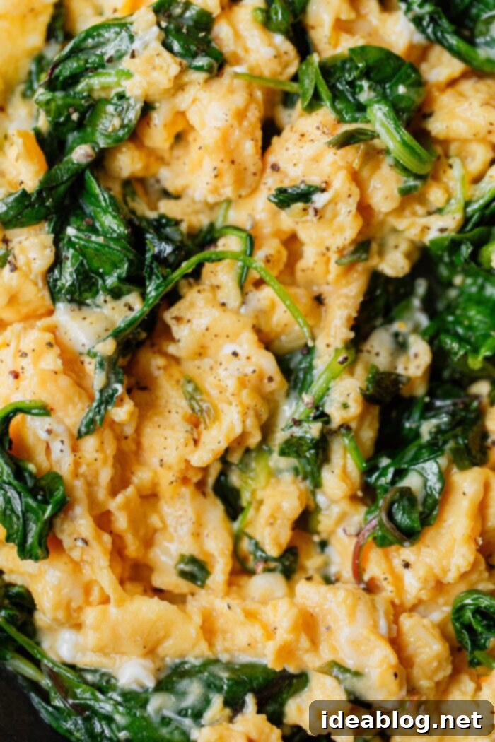 Fluffy Cheesy Eggs with Fresh Greens 3 Close-up of Cheesy Scrambled Eggs with Freshly Cooked Greens