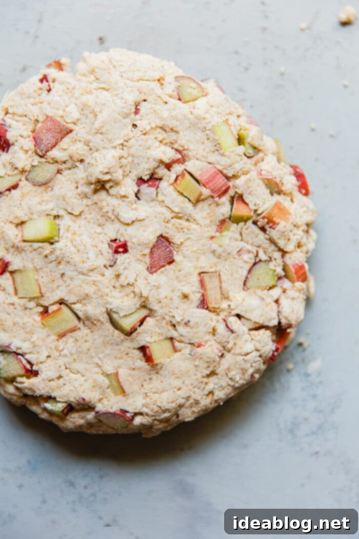 Zesty Orange Glazed Rhubarb Scones 7 Scone dough shaped into wedges on a cutting board, ready for baking.