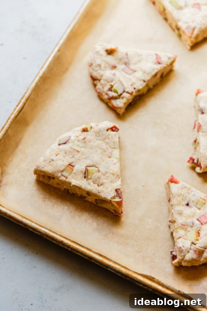 Zesty Orange Glazed Rhubarb Scones 8 Unbaked Rhubarb Scones arranged on a parchment-lined baking sheet, ready for the oven.