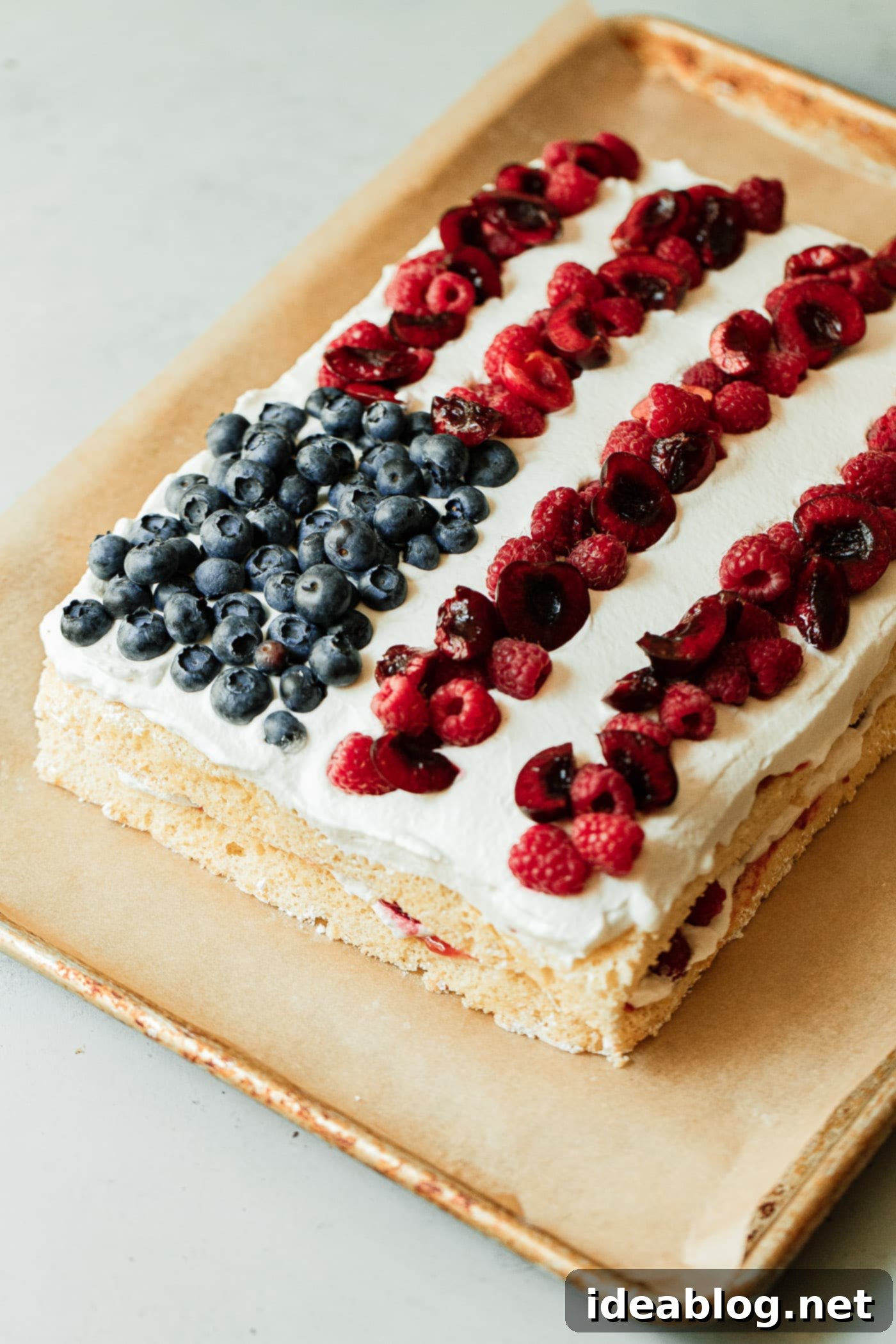 Festive Flag Dessert 14 A beautifully presented American Flag Cake on a white platter