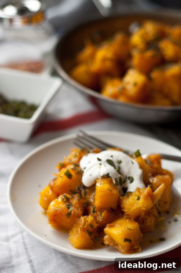 Pumpkin Zing 7 Finished Sweet and Sour Pumpkin dish garnished with mint and sour cream