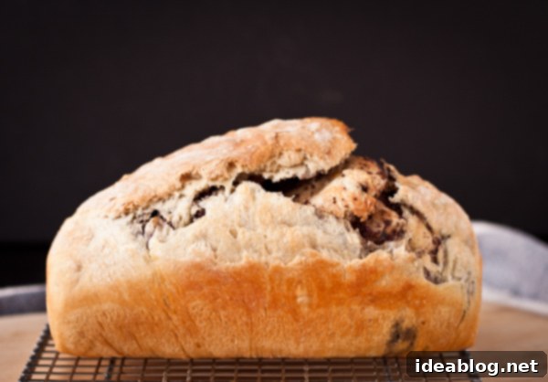 Artisan Olive Tapenade Swirl Bread 7 A freshly baked loaf of Olive Tapenade Swirl Bread cooling on a wire rack