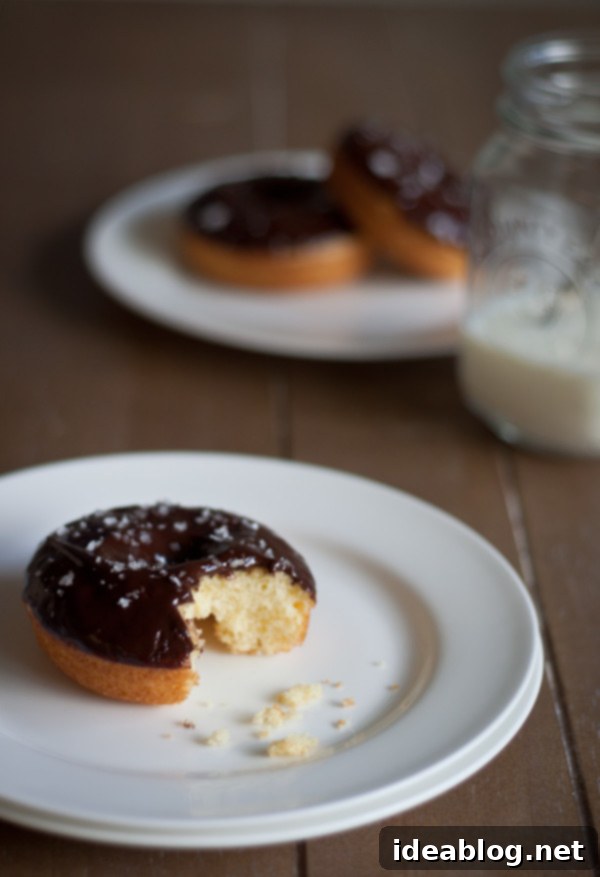 Moist Olive Oil Baked Doughnuts with Rich Dark Chocolate Glaze 2 Moist Baked Olive Oil Doughnuts crowned with a glossy dark chocolate glaze and a delicate sprinkle of flaky sea salt. This easy-to-follow recipe promises tender homemade doughnuts.