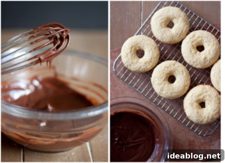 Moist Olive Oil Baked Doughnuts with Rich Dark Chocolate Glaze 3 Close-up of a perfectly baked olive oil doughnut with a rich dark chocolate glaze glistening on top, ready to be enjoyed.