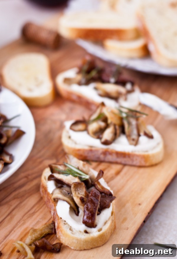 Creamy Ricotta and Savory Mushroom Crostini 7 Finished Roasted Mushroom Crostini with Whipped Ricotta